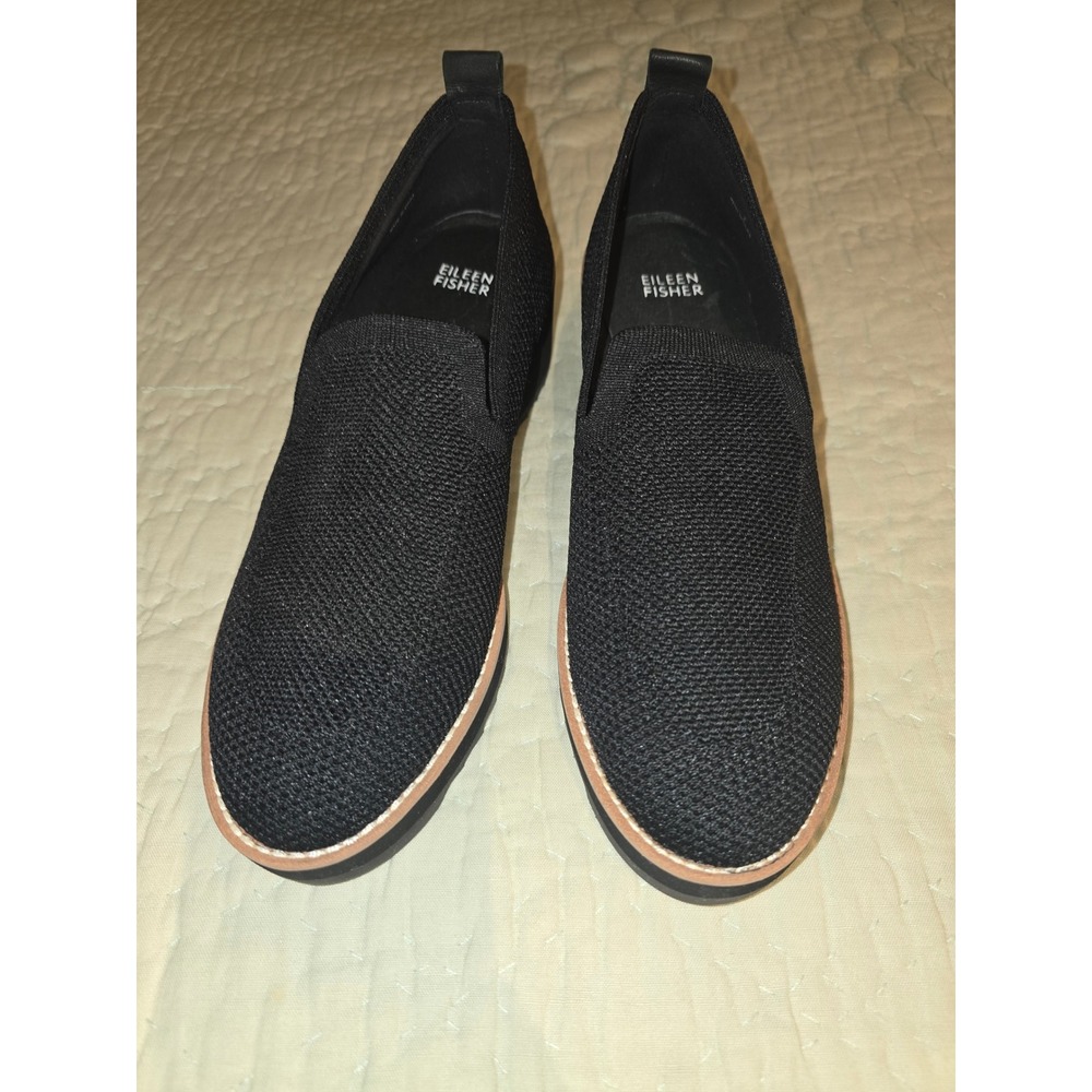 Eileen Fisher Black Stretch Knit Wedge Loafers Serrated Sole Size 9